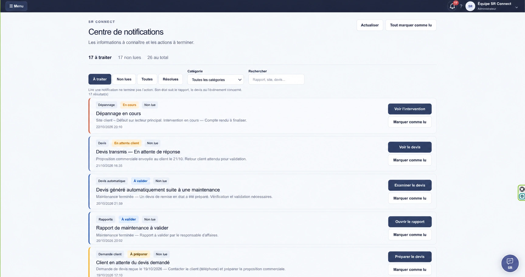 Aperçu de démonstration du Centre de notifications SR Connect avec dépannages, devis et rapports à traiter